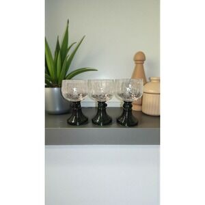 Vintage Crystal Set of‎ 3 Etched Glass Cordial Wine Glasses Emerald Green Stems
